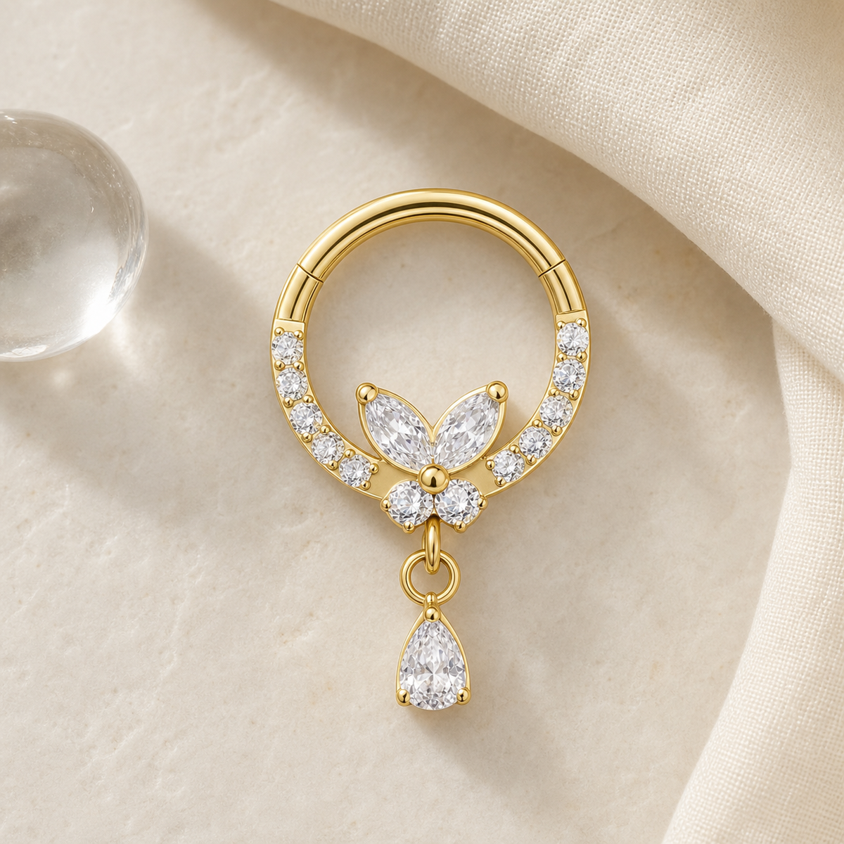 Clear CZ ASTM F136 Titanium Segment Ring - Gold, 16G, 1.2 x 8 mm — styled flat lay (P-SR-0046-G01)