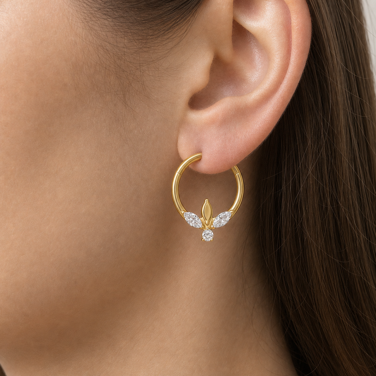 Clear CZ ASTM F136 Titanium Segment Ring - Gold, 16G, 1.2 x 8 mm — wearing view two (P-SR-0048-G01)