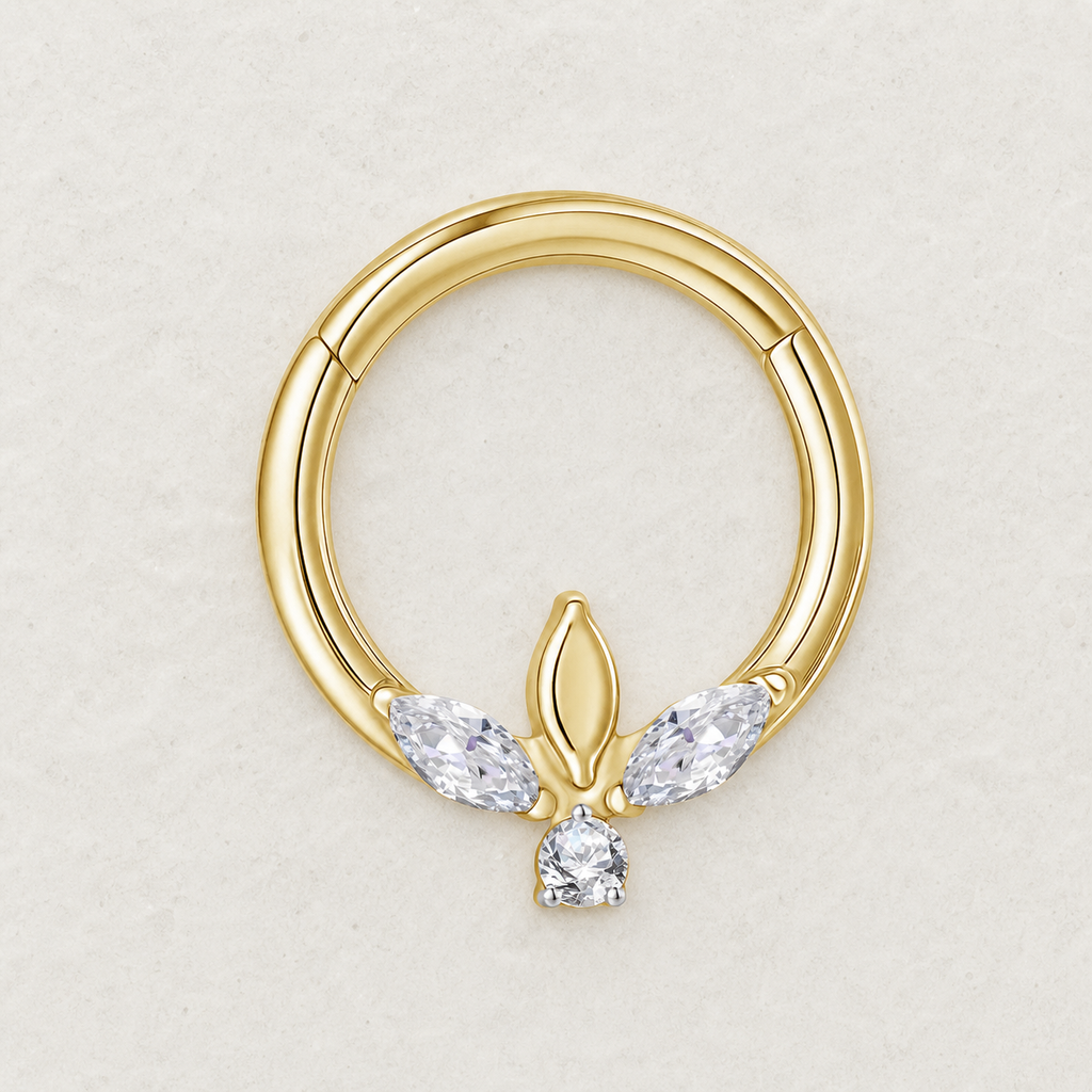 Clear CZ ASTM F136 Titanium Segment Ring - Gold, 16G, 1.2 x 8 mm — styled flat lay (P-SR-0048-G01)