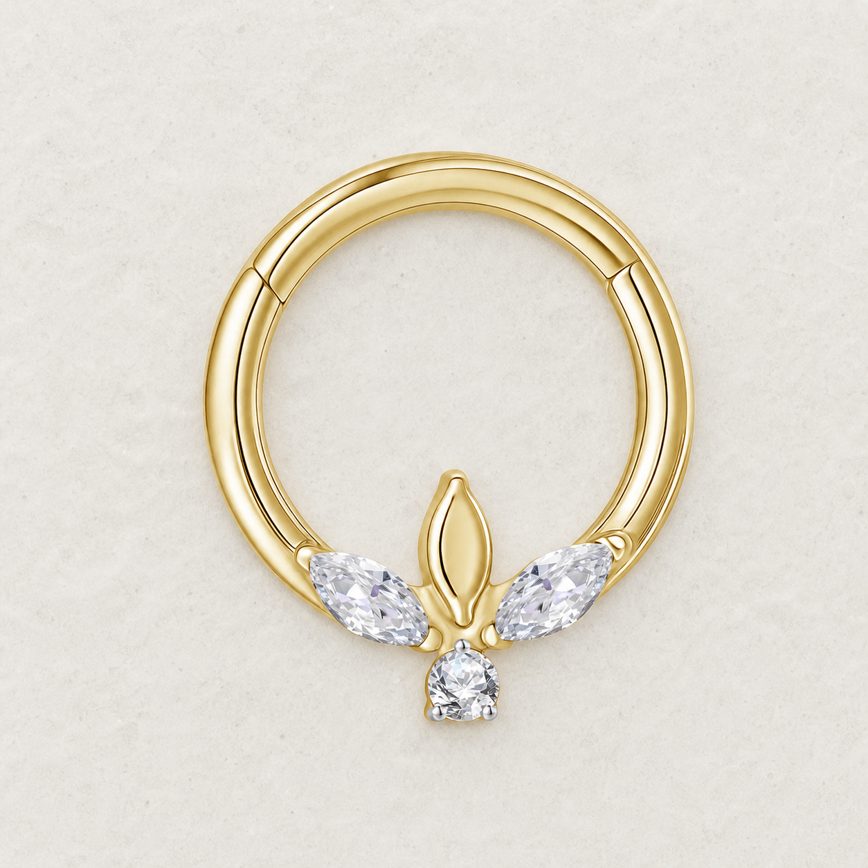 Clear CZ ASTM F136 Titanium Segment Ring - Gold, 16G, 1.2 x 8 mm — styled flat lay (P-SR-0048-G01)