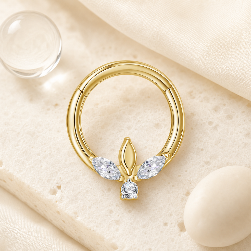 Clear CZ ASTM F136 Titanium Segment Ring - Gold, 16G, 1.2 x 8 mm — styled flat lay (P-SR-0048-G01)