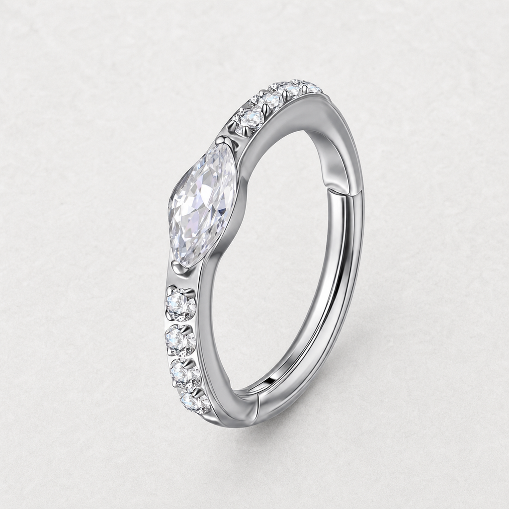 Clear CZ ASTM F136 Titanium Segment Ring - Silver, 16G, 1.2 x 8 mm — styled flat lay (P-SR-0049-S01)