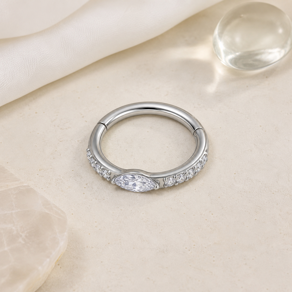 Clear CZ ASTM F136 Titanium Segment Ring - Silver, 16G, 1.2 x 8 mm — styled flat lay (P-SR-0049-S01)