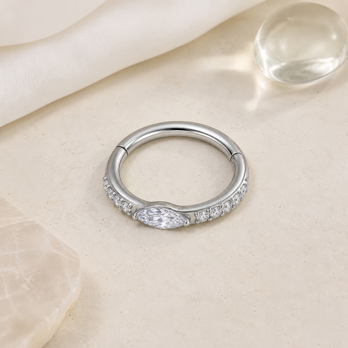 Clear CZ ASTM F136 Titanium Segment Ring - Silver, 16G, 1.2 x 8 mm — styled flat lay (P-SR-0049-S01)