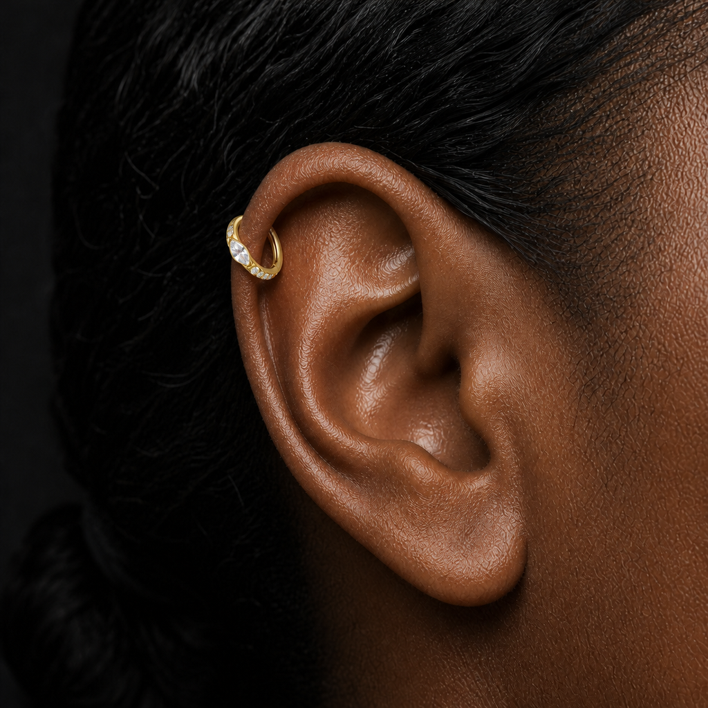 Clear CZ ASTM F136 Titanium Segment Ring - Gold, 16G, 1.2 x 8 mm — wearing view three (P-SR-0050-G01)