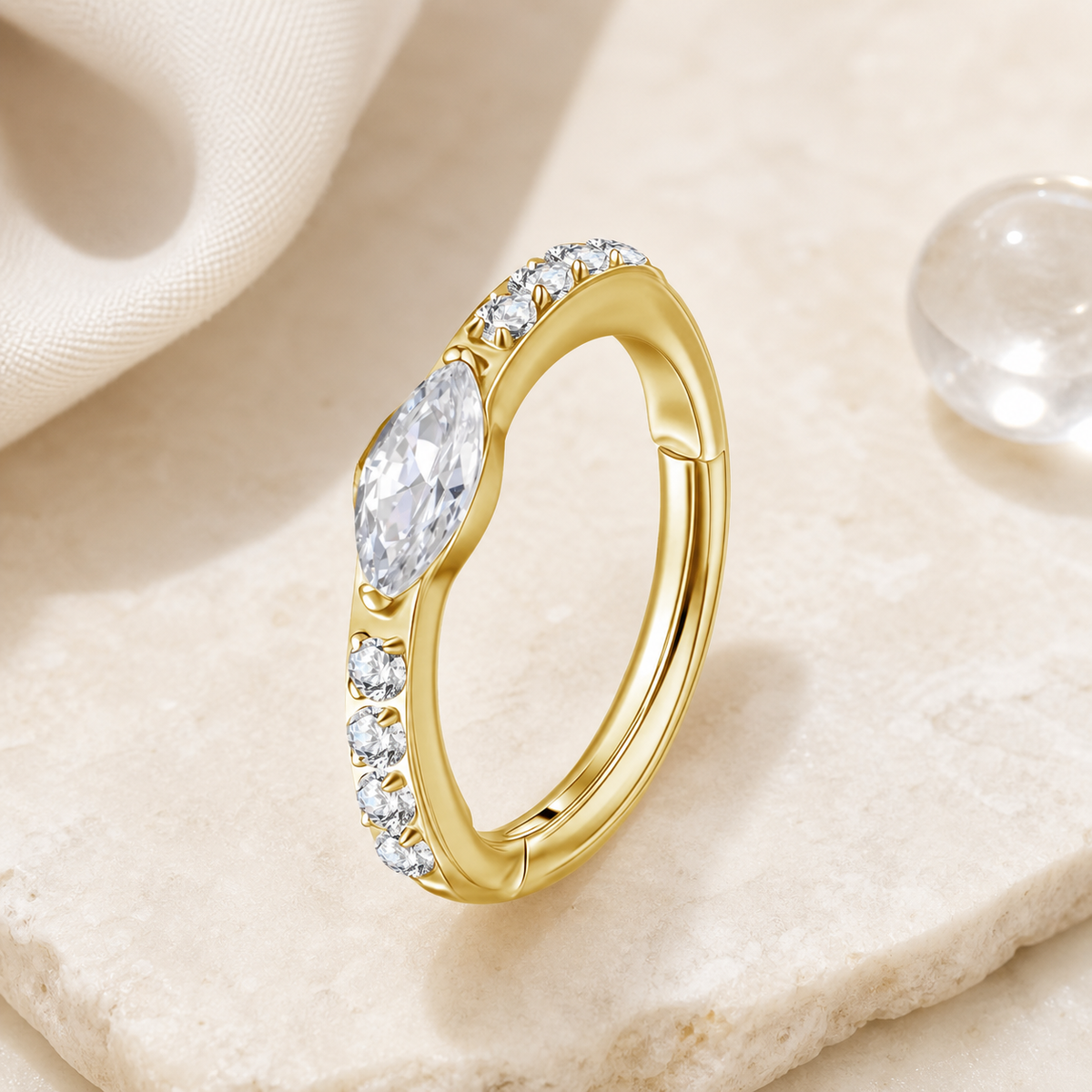 Clear CZ ASTM F136 Titanium Segment Ring - Gold, 16G, 1.2 x 8 mm — styled flat lay (P-SR-0050-G01)