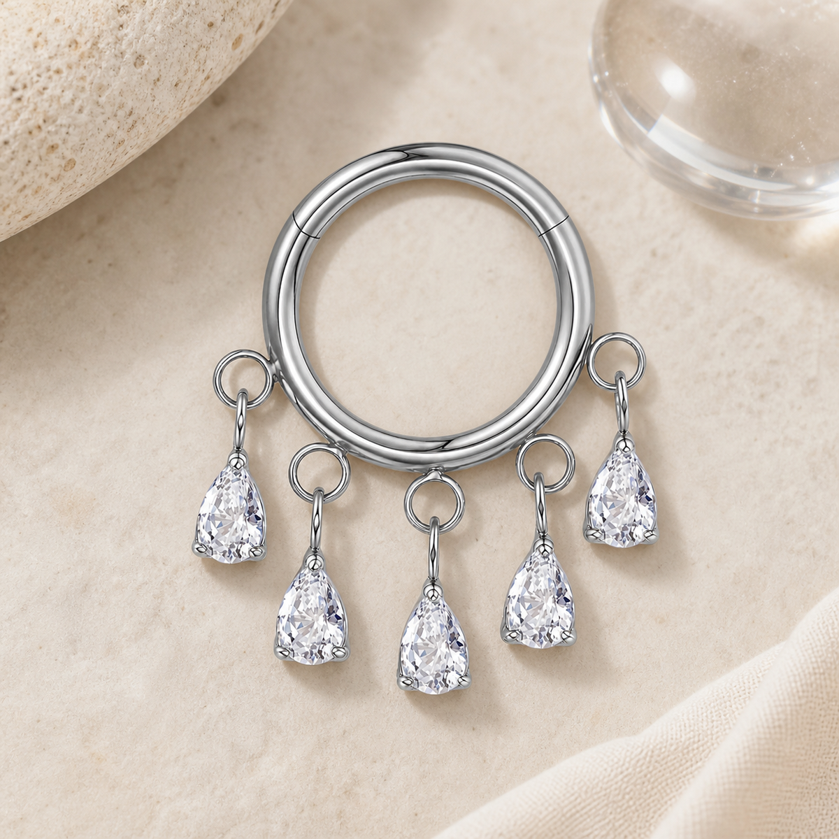 Clear CZ ASTM F136 Titanium Segment Ring - Silver, 16G, 1.2 x 8 mm — styled flat lay (P-SR-0051-S01)