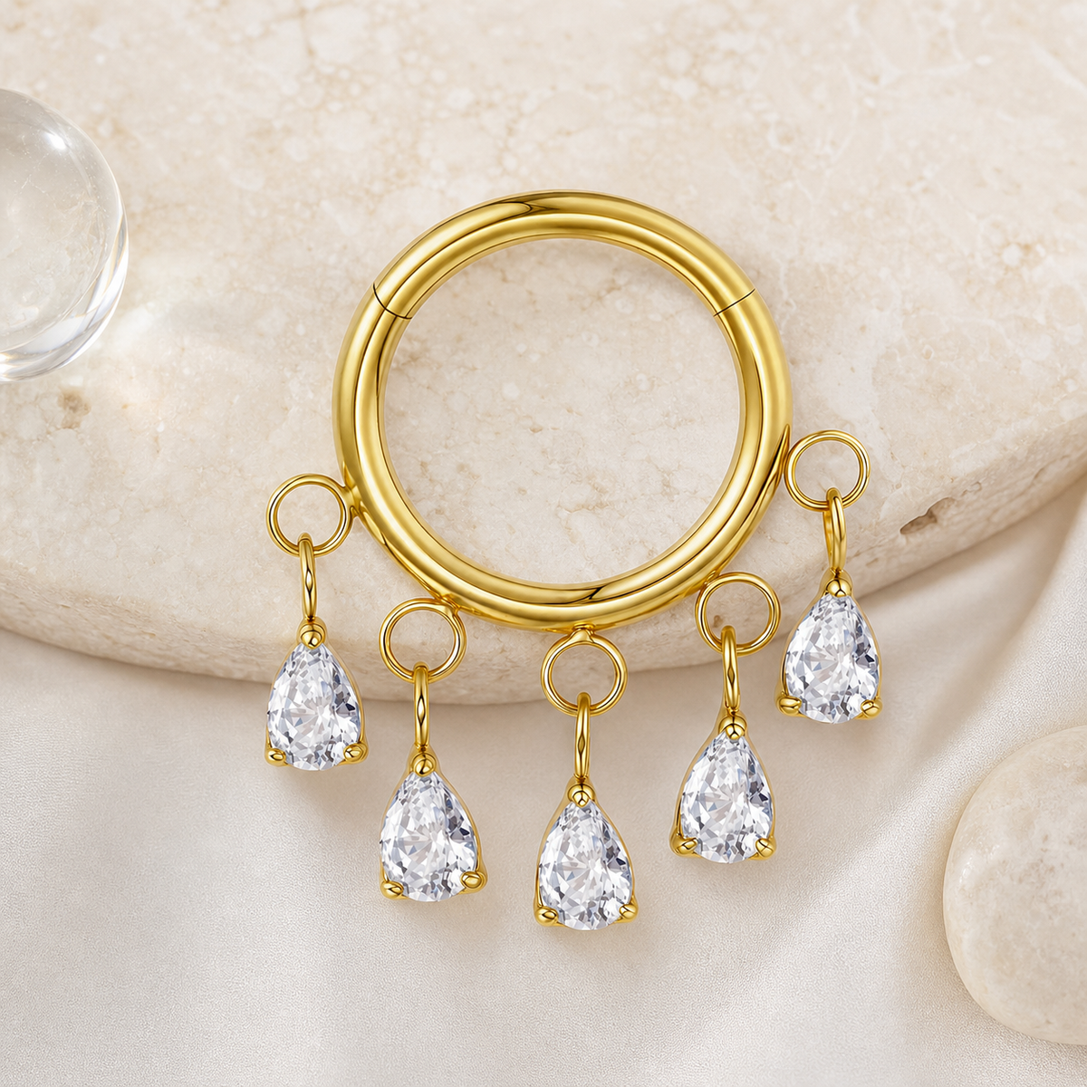 Clear CZ ASTM F136 Titanium Segment Ring - Gold, 16G, 1.2 x 8 mm — styled flat lay (P-SR-0052-G01)