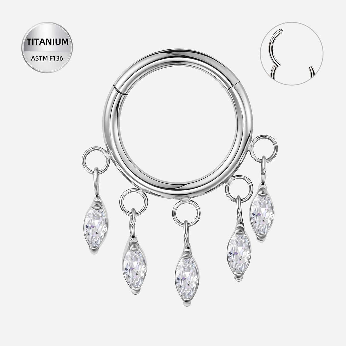 Clear CZ ASTM F136 Titanium Segment Ring - Silver, 16G, 1.2 x 8 mm — product detail views (P-SR-0053-S01)