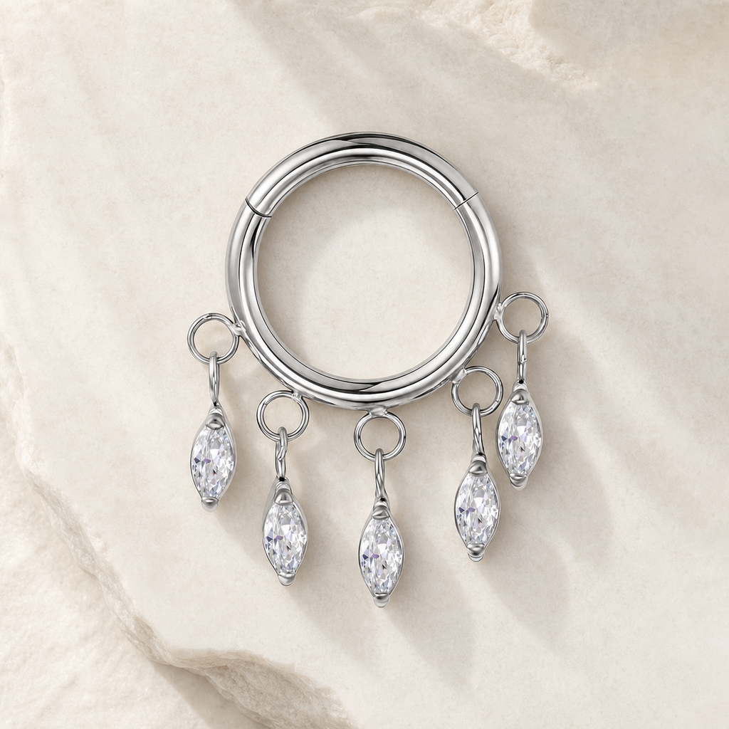 Clear CZ ASTM F136 Titanium Segment Ring - Silver, 16G, 1.2 x 8 mm — styled flat lay (P-SR-0053-S01)