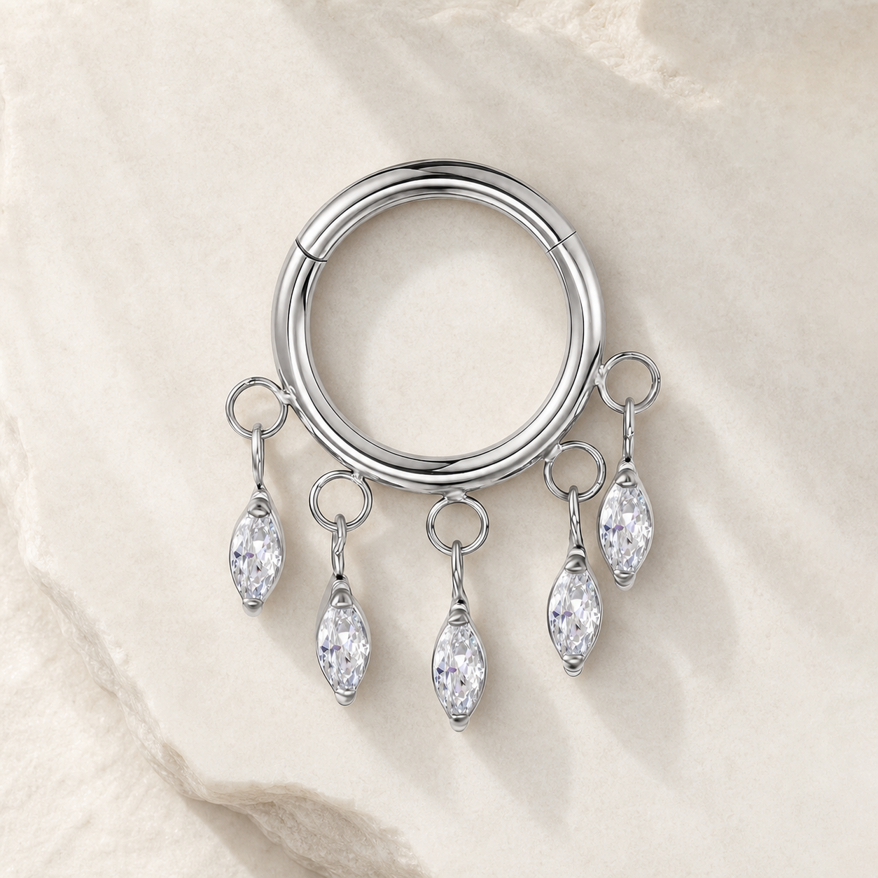 Clear CZ ASTM F136 Titanium Segment Ring - Silver, 16G, 1.2 x 8 mm — styled flat lay (P-SR-0053-S01)