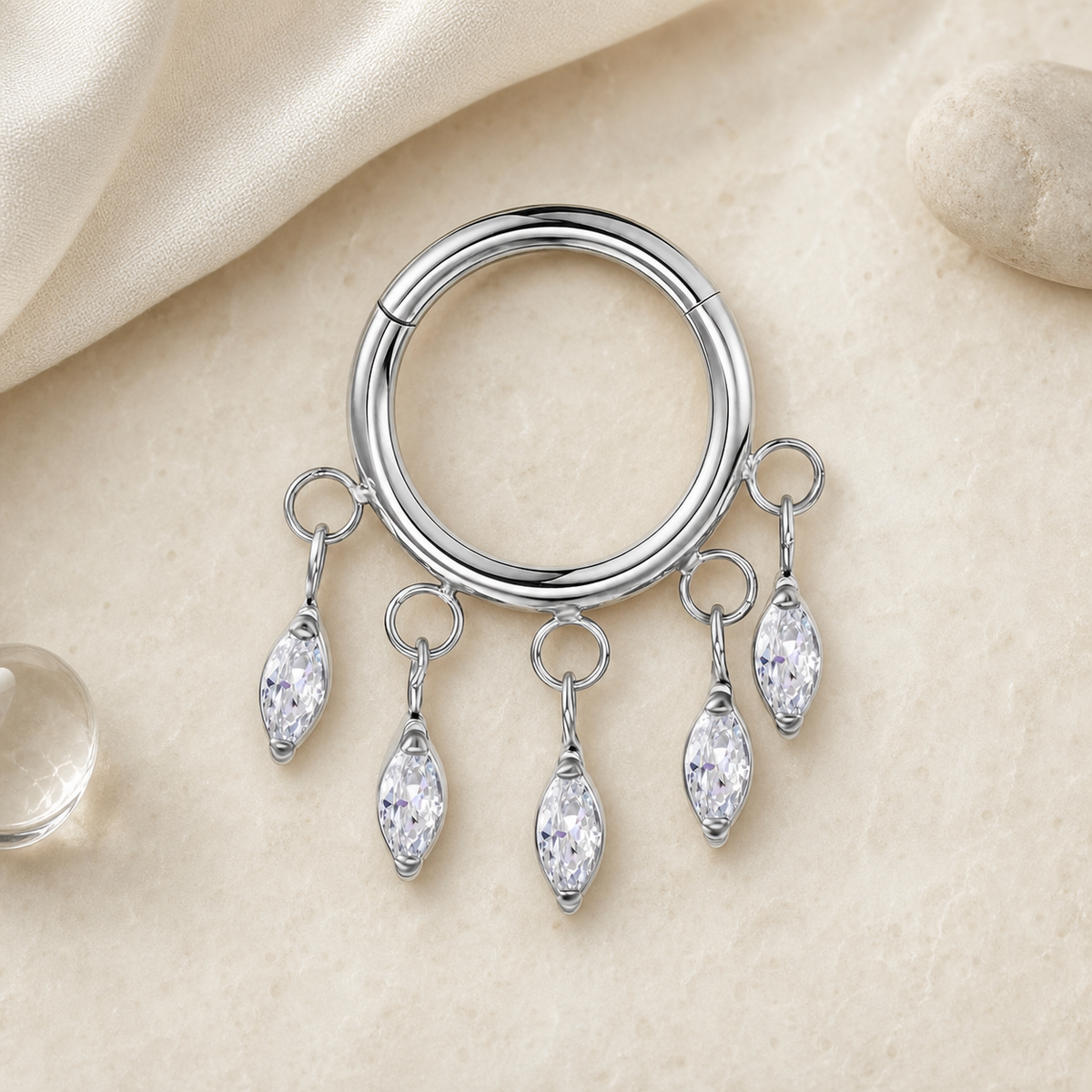 Clear CZ ASTM F136 Titanium Segment Ring - Silver, 16G, 1.2 x 8 mm — styled flat lay (P-SR-0053-S01)