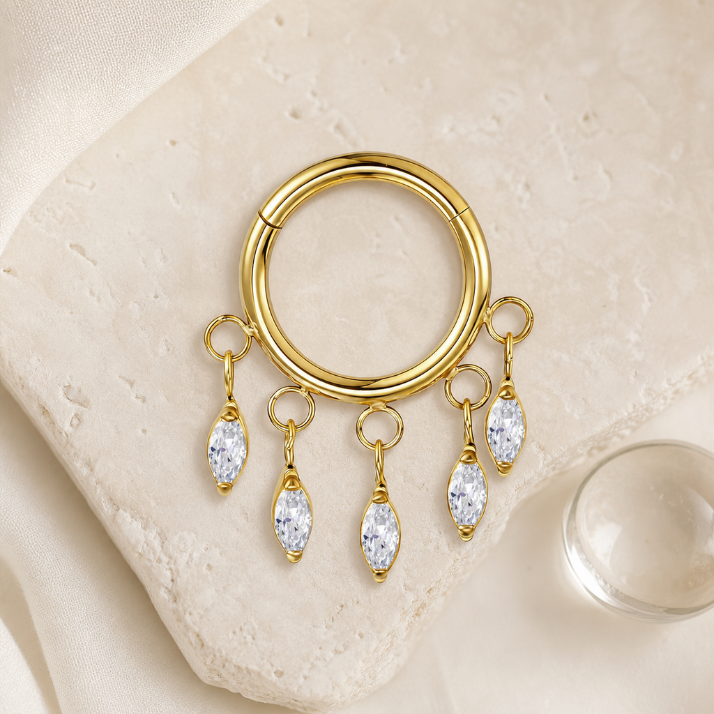 Clear CZ ASTM F136 Titanium Segment Ring - Gold, 16G, 1.2 x 8 mm — styled flat lay (P-SR-0054-G01)
