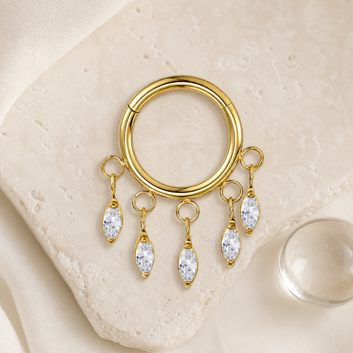 Clear CZ ASTM F136 Titanium Segment Ring - Gold, 16G, 1.2 x 8 mm — styled flat lay (P-SR-0054-G01)