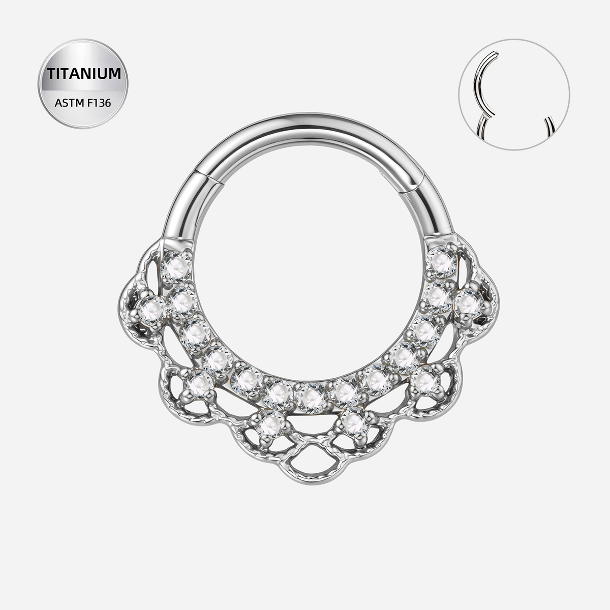 Clear CZ ASTM F136 Titanium Segment Ring - Silver, 16G, 1.2 x 8 mm — product detail views (P-SR-0055-S01)