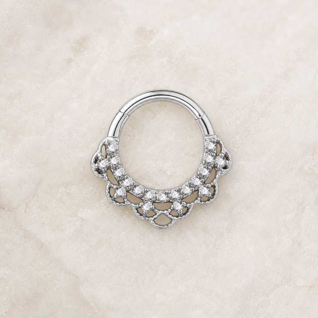 Clear CZ ASTM F136 Titanium Segment Ring - Silver, 16G, 1.2 x 8 mm — styled flat lay (P-SR-0055-S01)