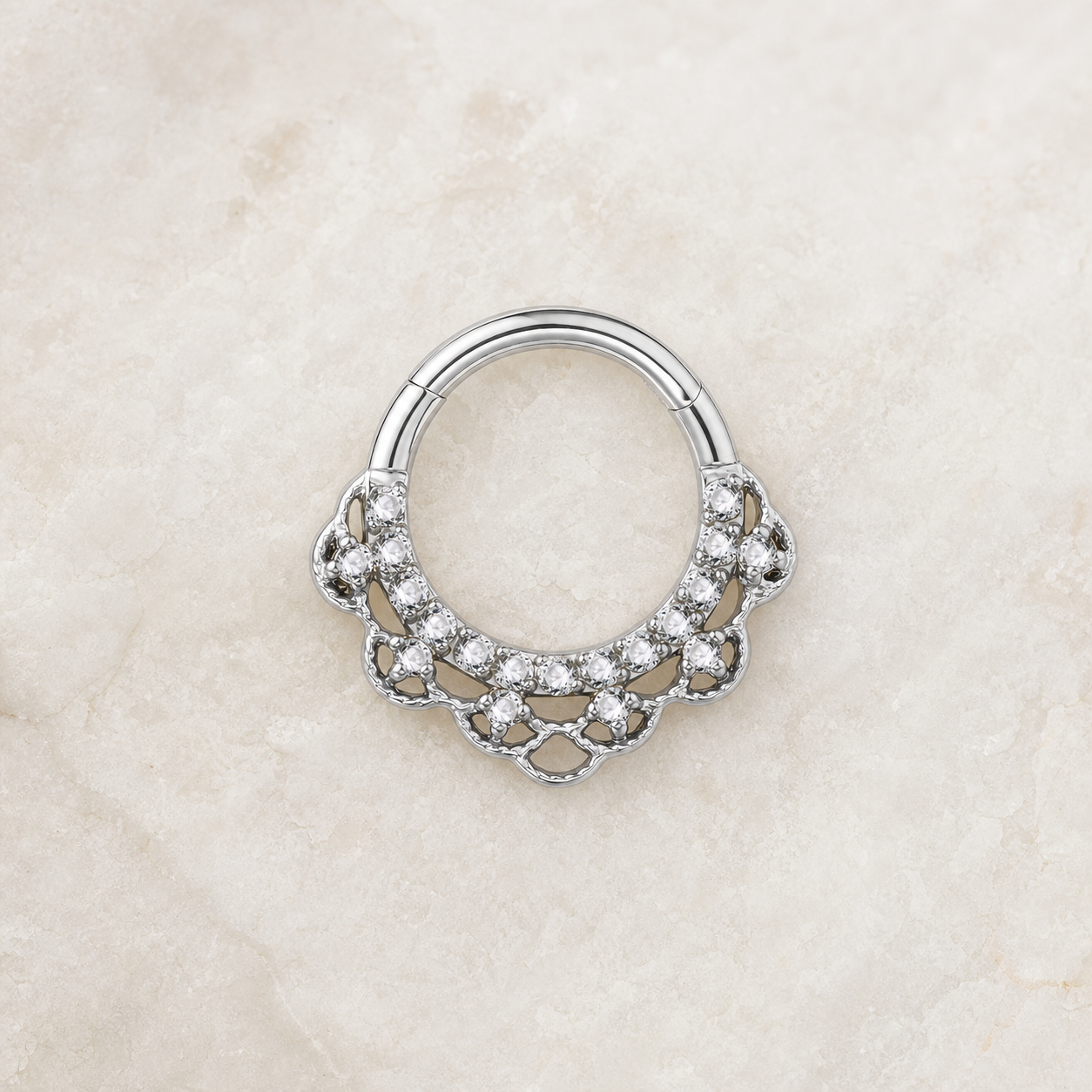Clear CZ ASTM F136 Titanium Segment Ring - Silver, 16G, 1.2 x 8 mm — styled flat lay (P-SR-0055-S01)