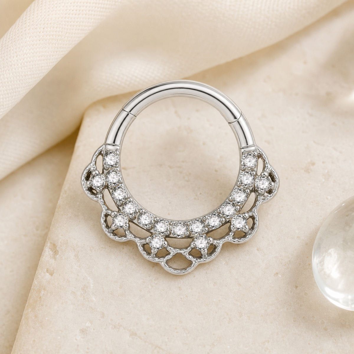 Clear CZ ASTM F136 Titanium Segment Ring - Silver, 16G, 1.2 x 8 mm — styled flat lay (P-SR-0055-S01)