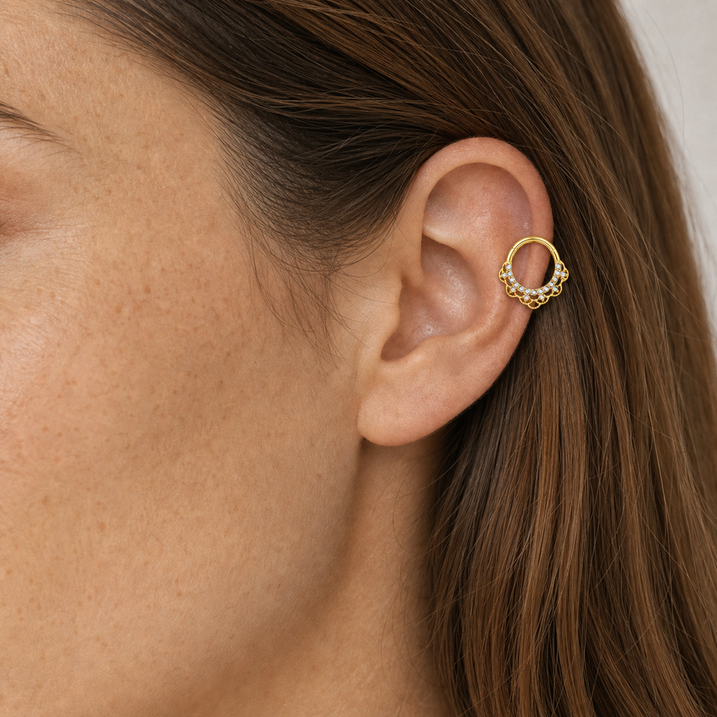 Clear CZ ASTM F136 Titanium Segment Ring - Gold, 16G, 1.2 x 8 mm — wearing view one (P-SR-0056-G01)