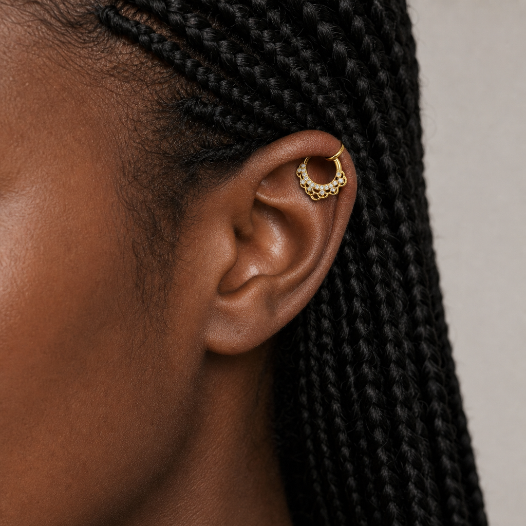 Clear CZ ASTM F136 Titanium Segment Ring - Gold, 16G, 1.2 x 8 mm — wearing view two (P-SR-0056-G01)