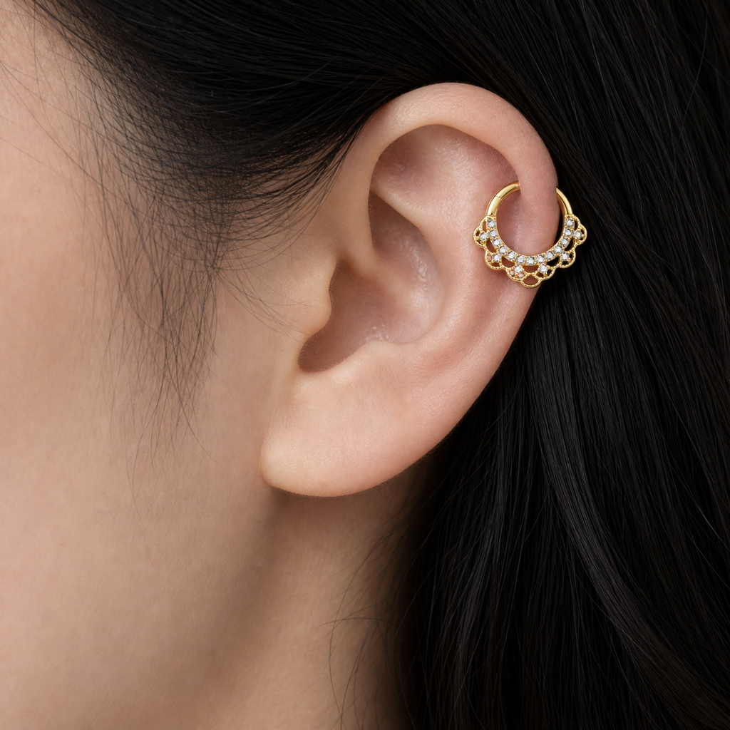 Clear CZ ASTM F136 Titanium Segment Ring - Gold, 16G, 1.2 x 8 mm — wearing view three (P-SR-0056-G01)