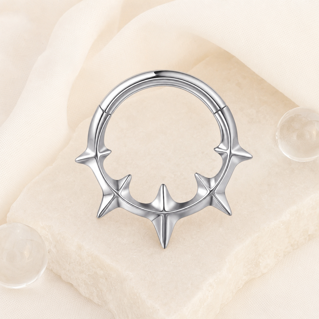 ASTM F136 Titanium Segment Ring - Silver, 16G, 1.2 x 8 mm — styled flat lay (P-SR-0057-S01)