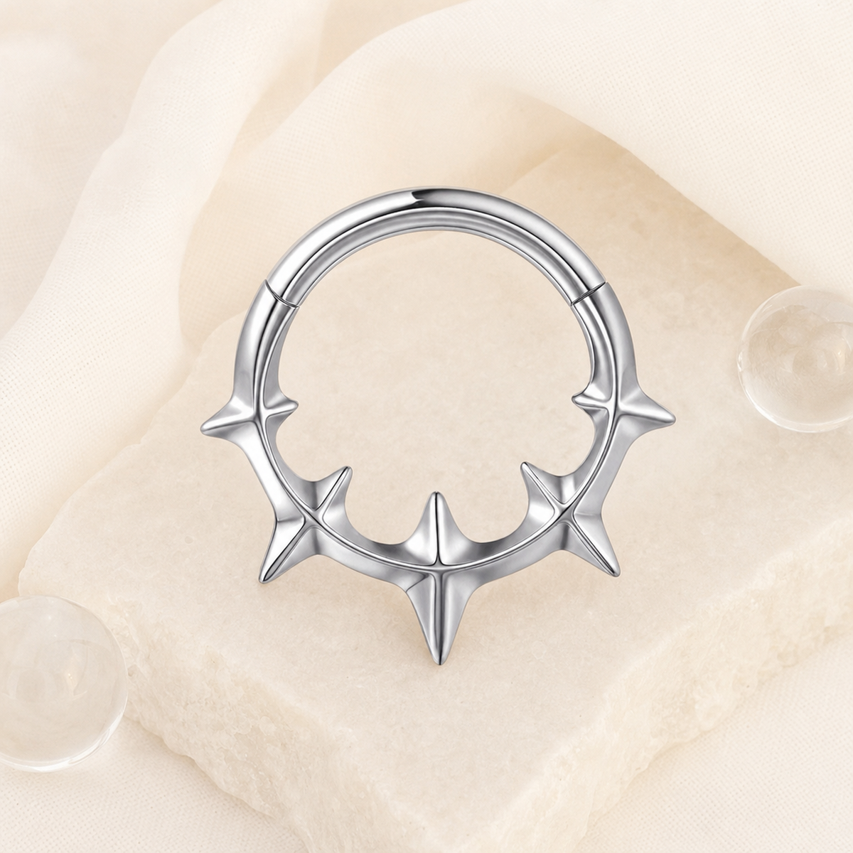 ASTM F136 Titanium Segment Ring - Silver, 16G, 1.2 x 8 mm — styled flat lay (P-SR-0057-S01)