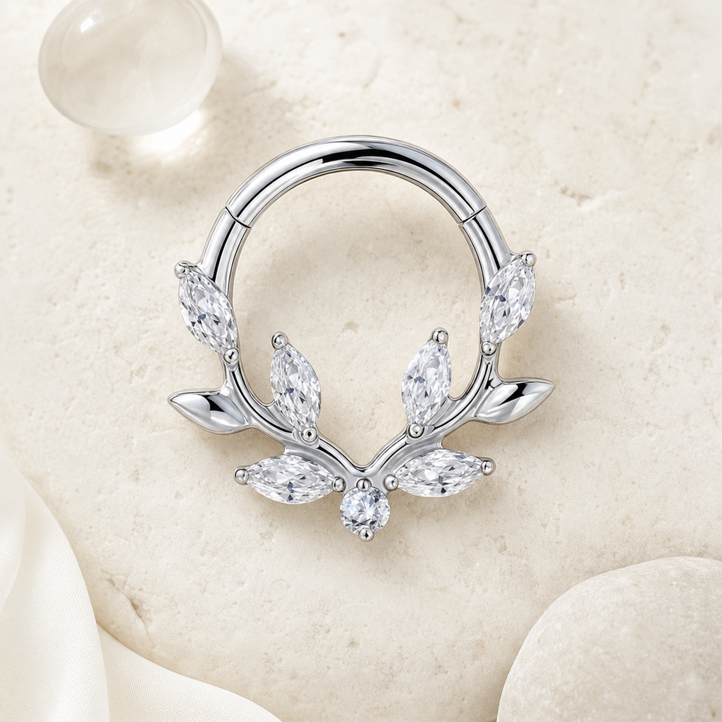 Clear CZ ASTM F136 Titanium Segment Ring - Silver, 16G, 1.2 x 10 mm — styled flat lay (P-SR-0060-S01)