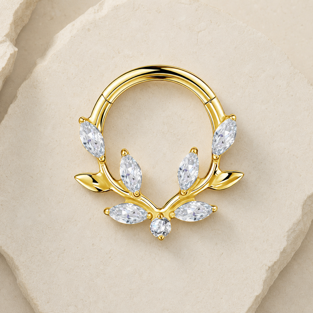Clear CZ ASTM F136 Titanium Segment Ring - Gold, 16G, 1.2 x 8 mm — styled flat lay (P-SR-0061-G01)