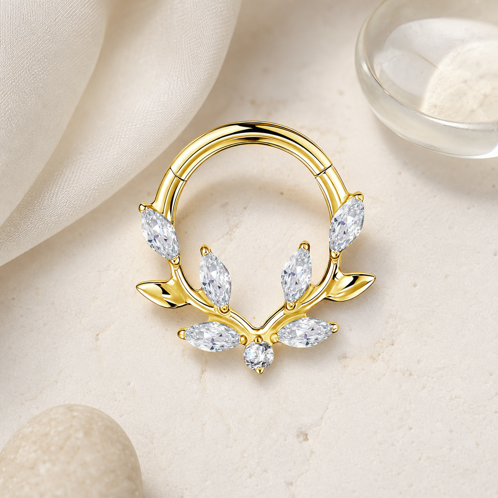 Clear CZ ASTM F136 Titanium Segment Ring - Gold, 16G, 1.2 x 8 mm — styled flat lay (P-SR-0061-G01)