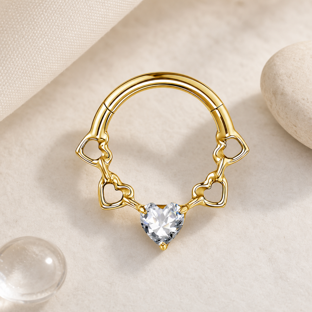 Clear CZ ASTM F136 Titanium Segment Ring - Gold, 16G, 1.2 x 8 mm — styled flat lay (P-SR-0063-G01)