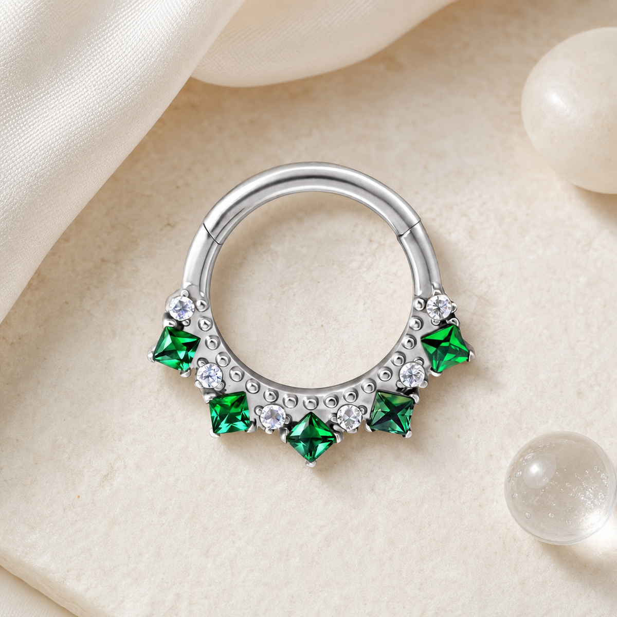 EM ASTM F136 Titanium Segment Ring - Silver, 16G, 1.2 x 8 mm — styled flat lay (P-SR-0064-S01)