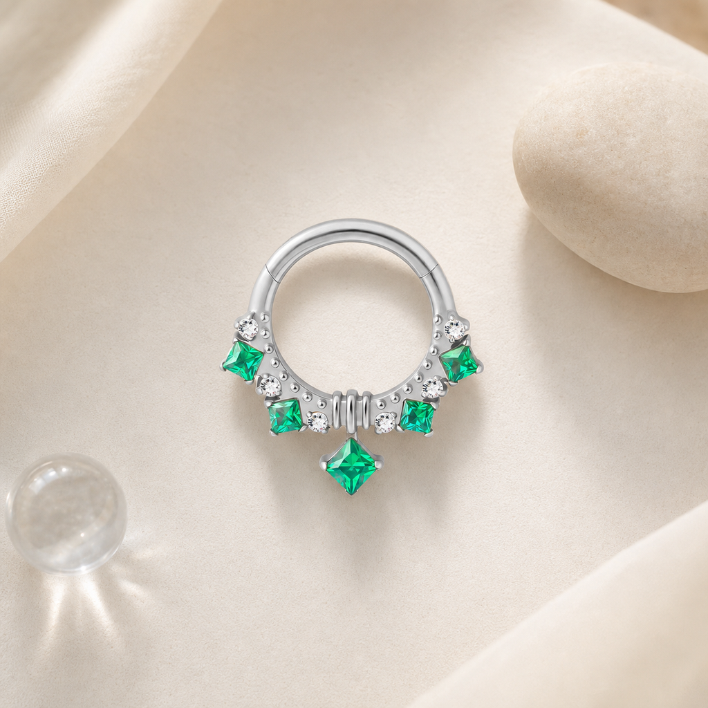 EM ASTM F136 Titanium Segment Ring - Silver, 16G, 1.2 x 8 mm — styled flat lay (P-SR-0065-S01)