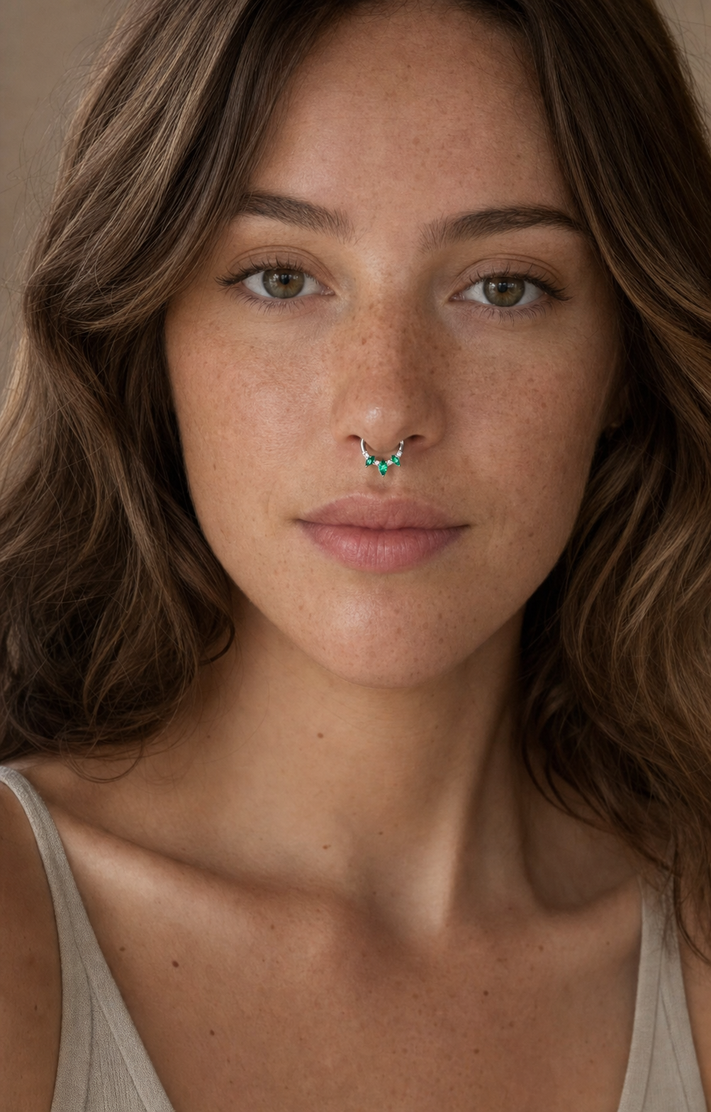 Green ASTM F136 Titanium Segment Ring - Silver, 16G, 1.2 x 8 mm — wearing view one (P-SR-0066-S01)