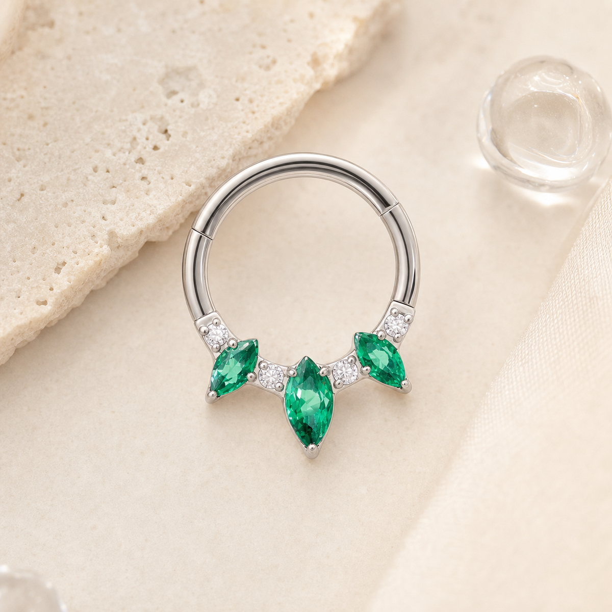 Green ASTM F136 Titanium Segment Ring - Silver, 16G, 1.2 x 8 mm — styled flat lay (P-SR-0066-S01)