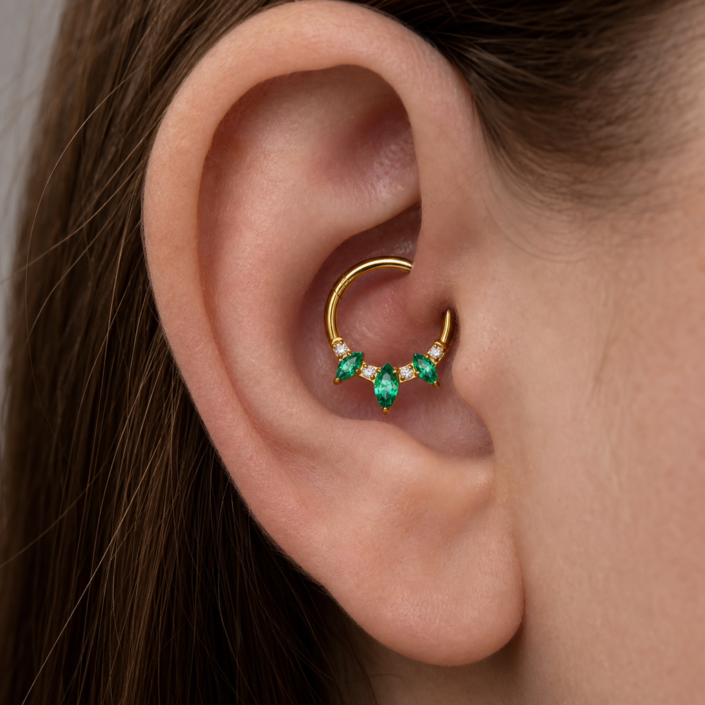 Green ASTM F136 Titanium Segment Ring - Gold, 16G, 1.2 x 8 mm — wearing view two (P-SR-0067-G01)