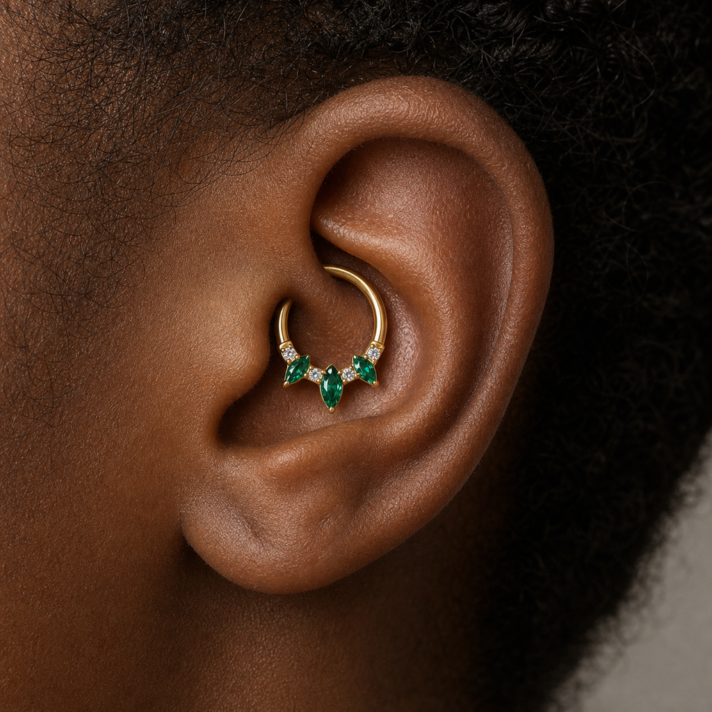 Green ASTM F136 Titanium Segment Ring - Gold, 16G, 1.2 x 8 mm — wearing view three (P-SR-0067-G01)