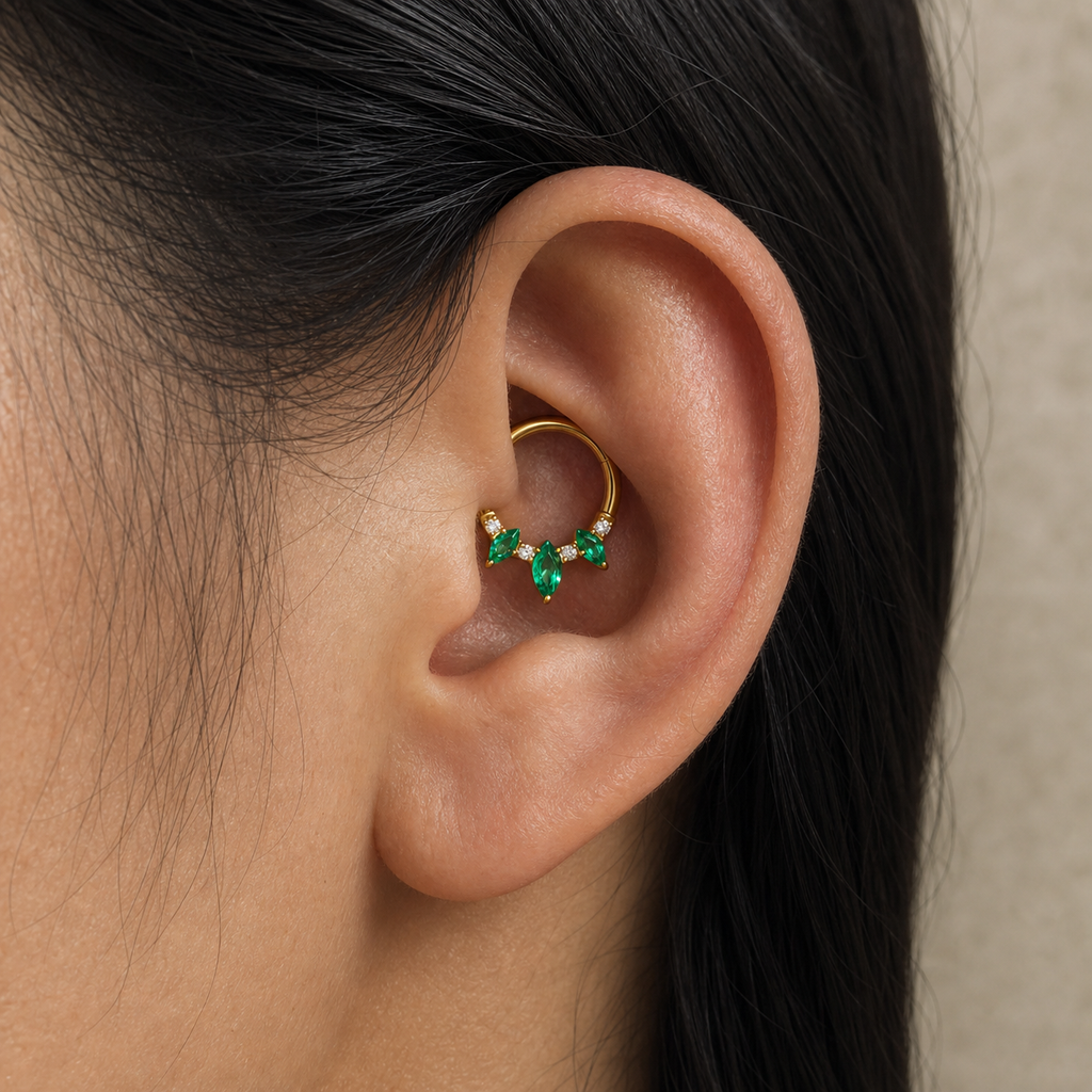 Green ASTM F136 Titanium Segment Ring - Gold, 16G, 1.2 x 8 mm — wearing view four (P-SR-0067-G01)