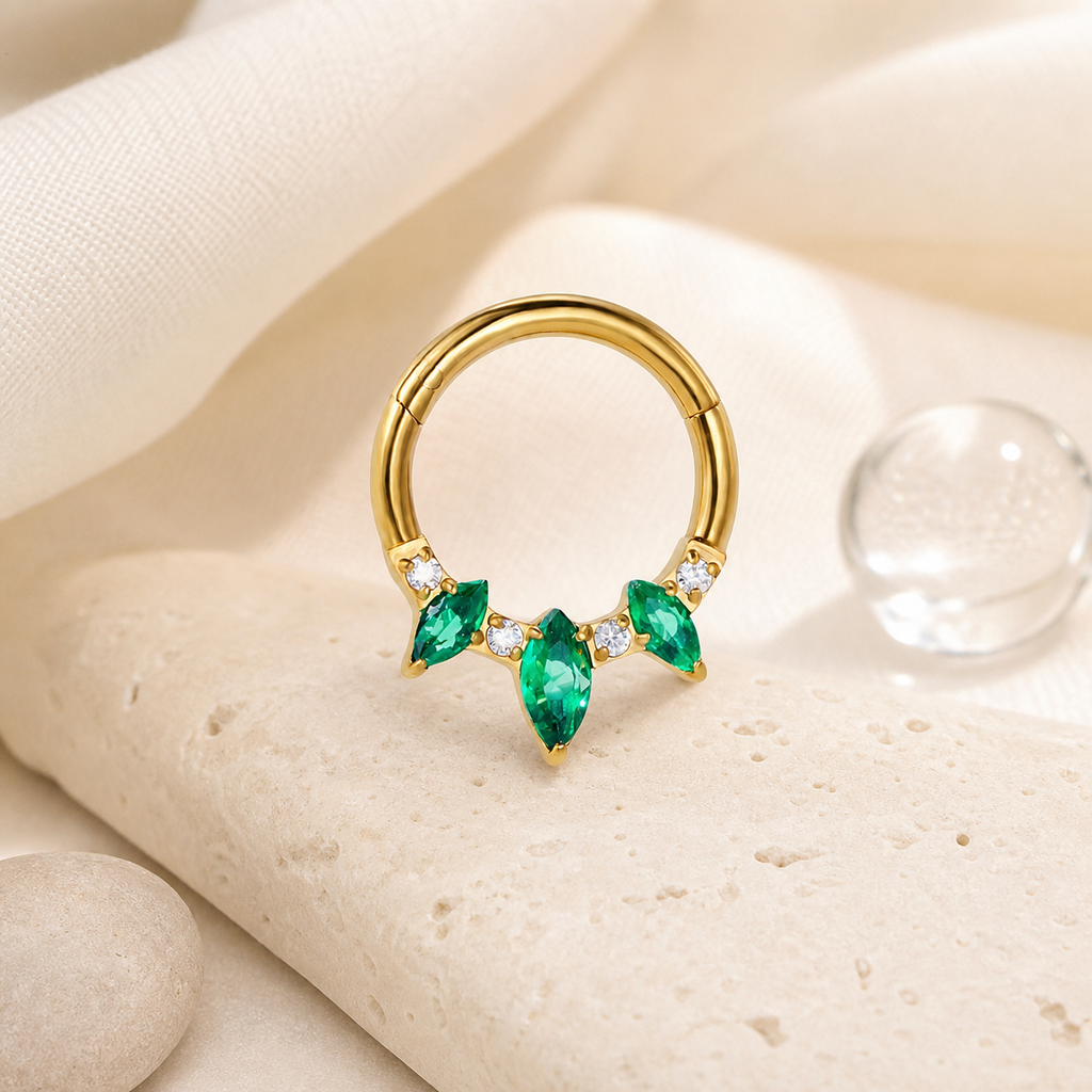 Green ASTM F136 Titanium Segment Ring - Gold, 16G, 1.2 x 8 mm — styled flat lay (P-SR-0067-G01)