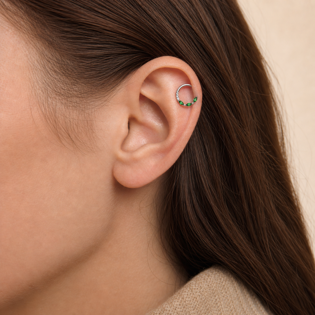 Green ASTM F136 Titanium Segment Ring - Silver, 16G, 1.2 x 8 mm — wearing view one (P-SR-0068-S01)