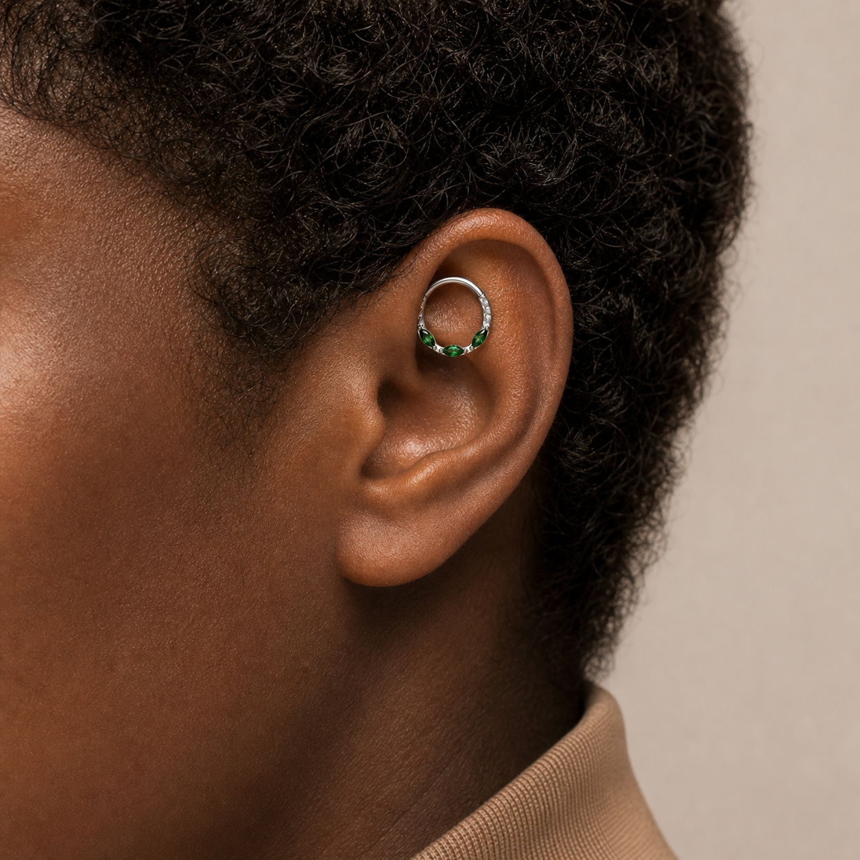 Green ASTM F136 Titanium Segment Ring - Silver, 16G, 1.2 x 8 mm — wearing view two (P-SR-0068-S01)