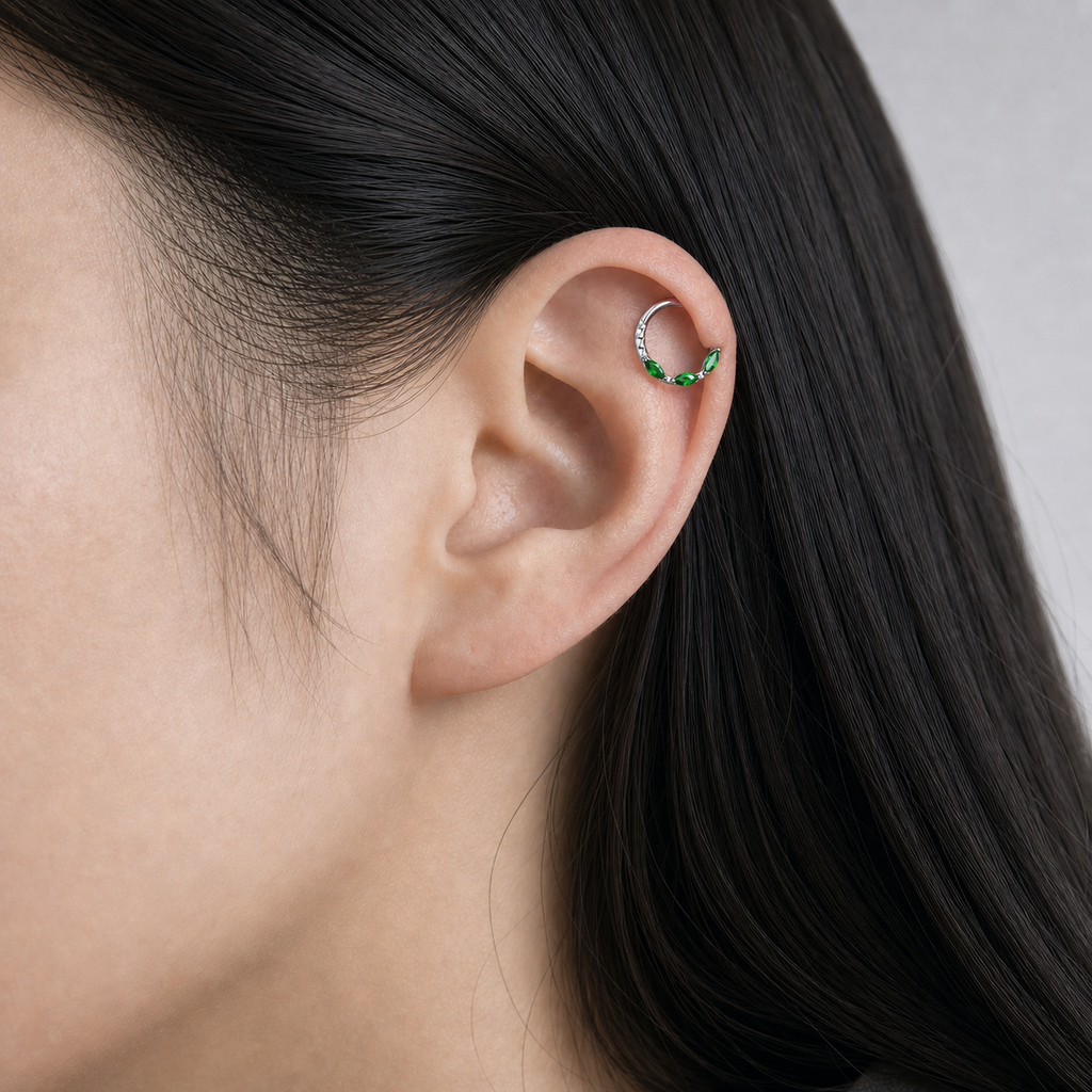 Green ASTM F136 Titanium Segment Ring - Silver, 16G, 1.2 x 8 mm — wearing view three (P-SR-0068-S01)