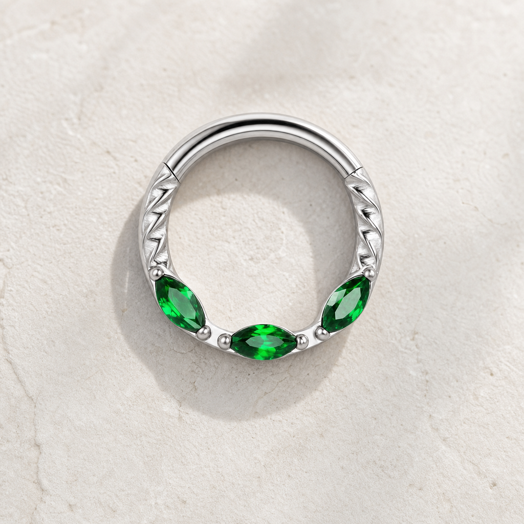 Green ASTM F136 Titanium Segment Ring - Silver, 16G, 1.2 x 8 mm — styled flat lay (P-SR-0068-S01)