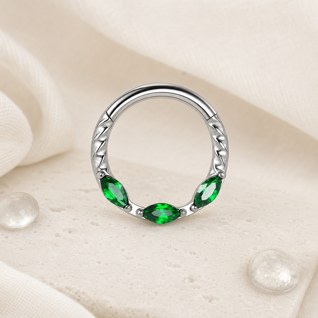 Green ASTM F136 Titanium Segment Ring - Silver, 16G, 1.2 x 8 mm — styled flat lay (P-SR-0068-S01)