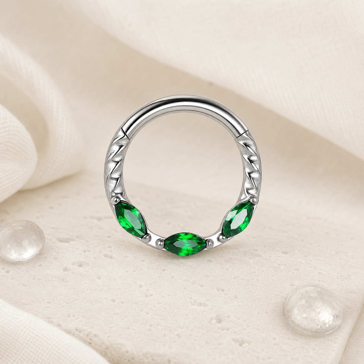 Green ASTM F136 Titanium Segment Ring - Silver, 16G, 1.2 x 8 mm — styled flat lay (P-SR-0068-S01)