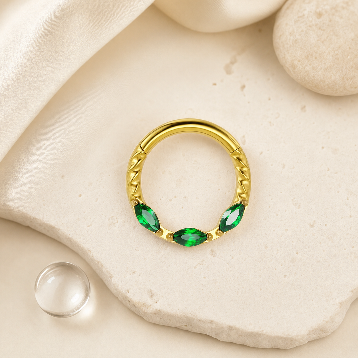Green ASTM F136 Titanium Segment Ring - Gold, 16G, 1.2 x 8 mm — styled flat lay (P-SR-0069-G01)