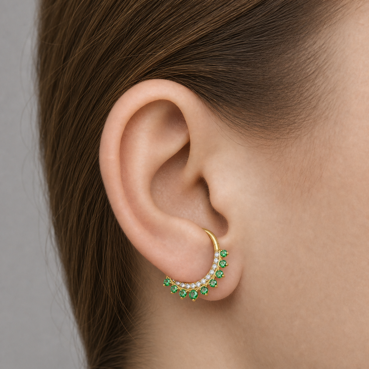 Green CZ ASTM F136 Titanium Segment Ring - Gold, 16G, 1.2 x 8 mm — wearing view two (P-SR-0073-G01)