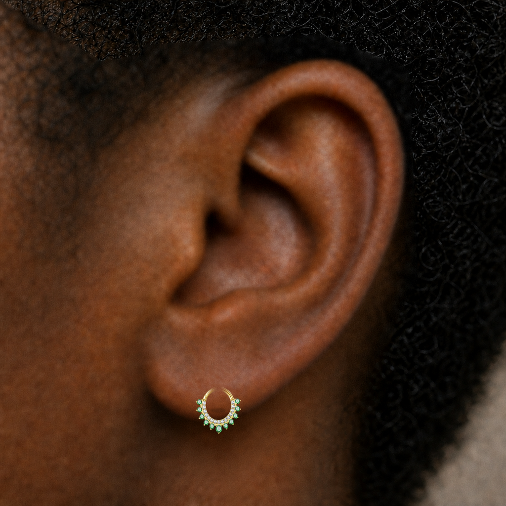 Green CZ ASTM F136 Titanium Segment Ring - Gold, 16G, 1.2 x 8 mm — wearing view three (P-SR-0073-G01)