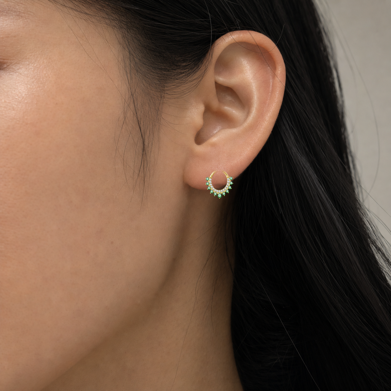 Green CZ ASTM F136 Titanium Segment Ring - Gold, 16G, 1.2 x 8 mm — wearing view four (P-SR-0073-G01)