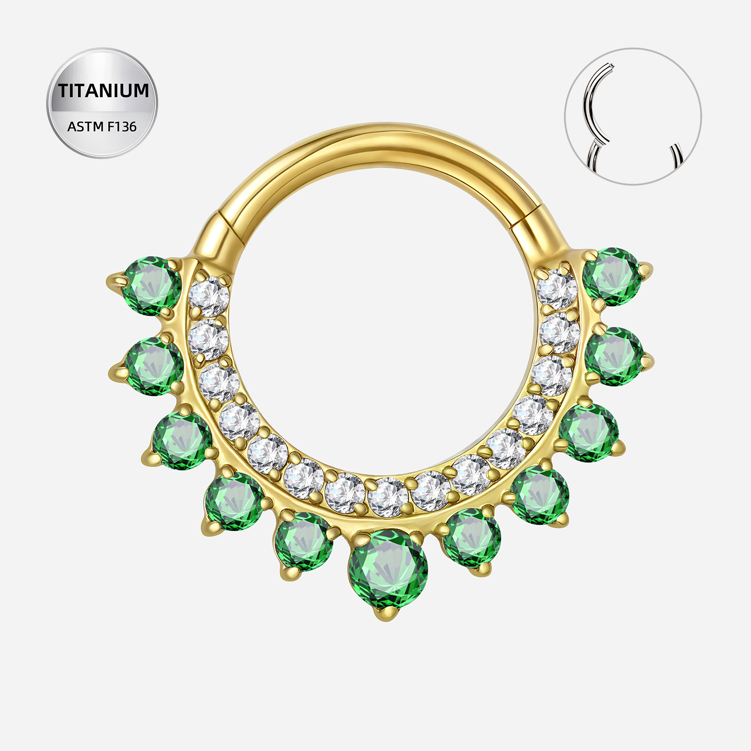 Green CZ ASTM F136 Titanium Segment Ring - Gold, 16G, 1.2 x 8 mm — product detail views (P-SR-0073-G01)